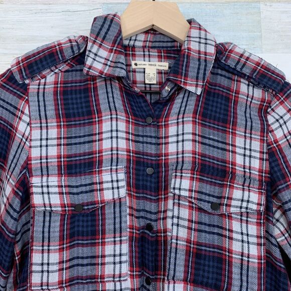 MNG Mango Flannel Plaid Utility Shirt Red Blue White Snap Button Down Womens XS - Picture 2 of 7